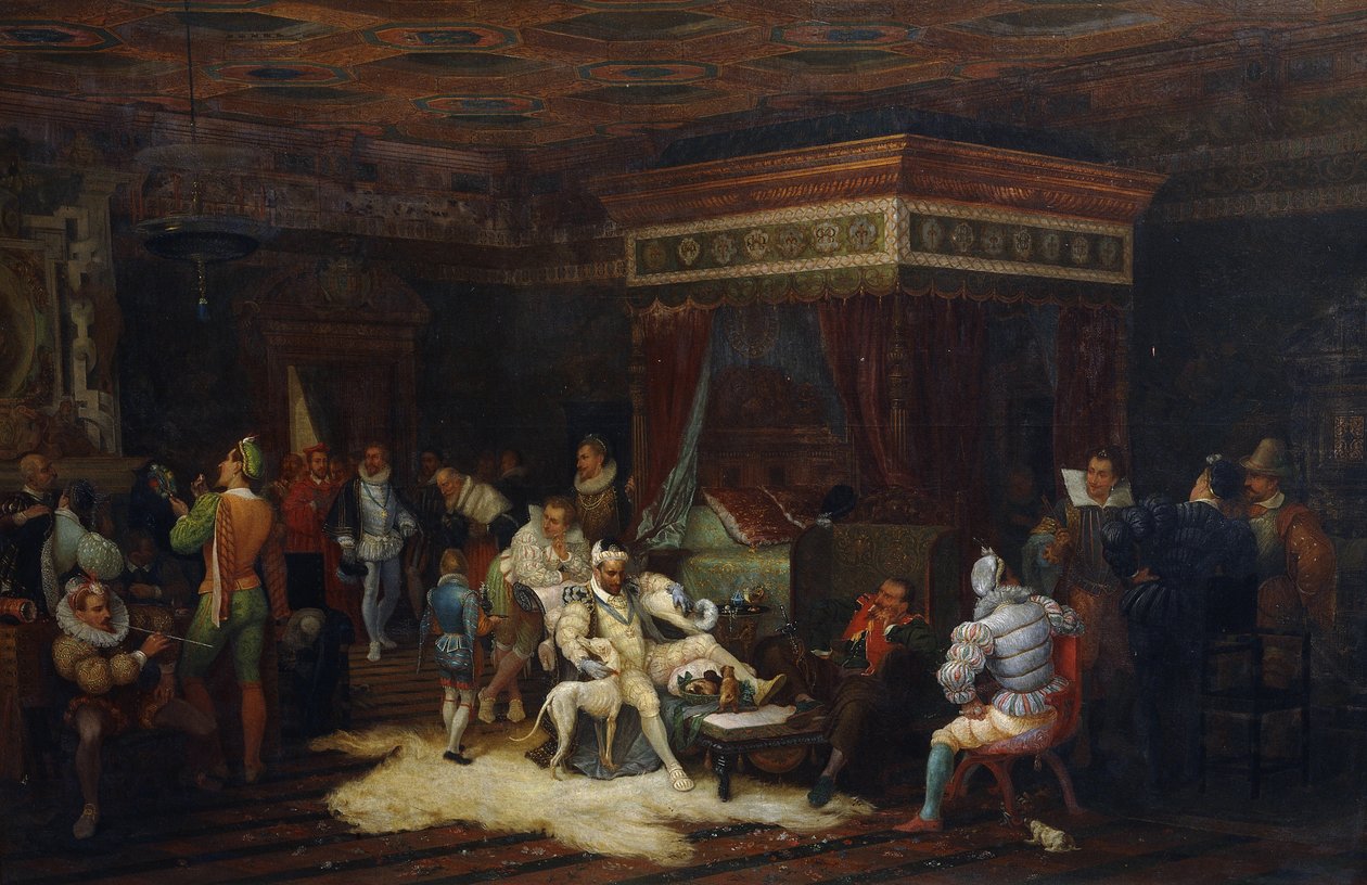 Duc de Guisen saapuminen kuningas Henrik III:n Fontainebleaun kammioon, 1861 tekijältä Yves Theophile Rene Grenier de Saint