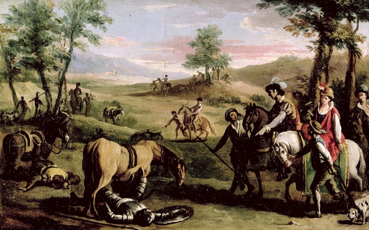 Don Quijote putoaa hevosen selästä herttuoiden edessä (pari 82436) tekijältä Zacarias Gonzalez Velazquez