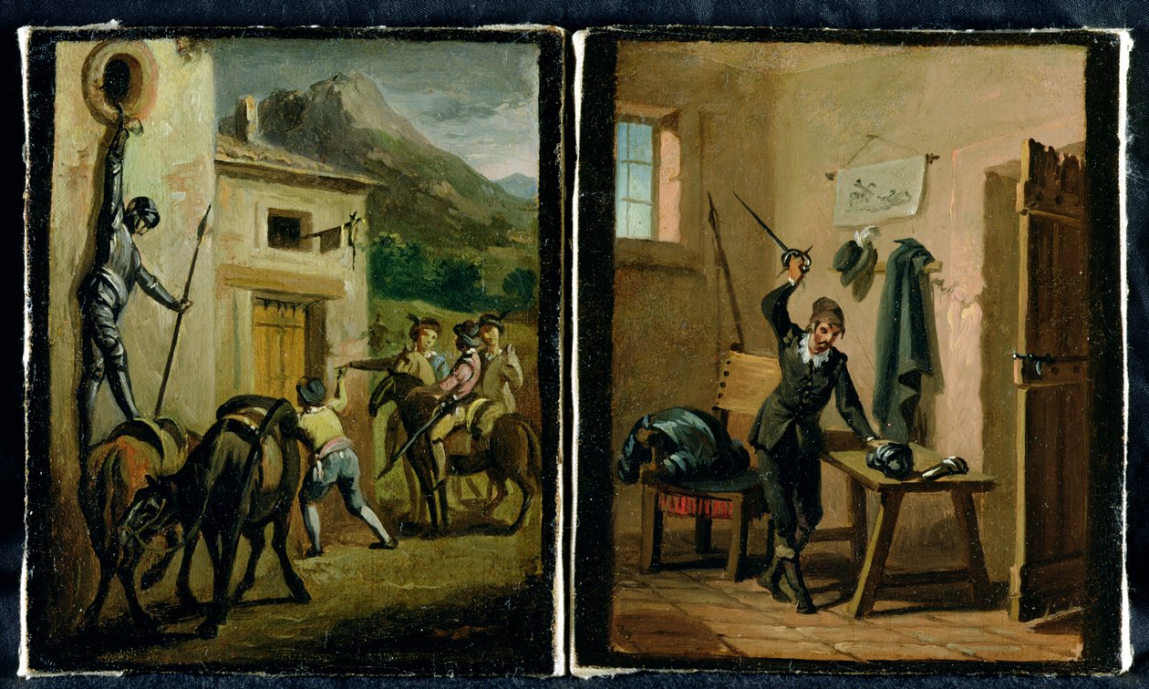 Don Quijote roikkuu ikkunasta ja valmistelee panssariaan, kaksi kohtausta Cervantesin romaanista tekijältä Zacarias Gonzalez Velazquez