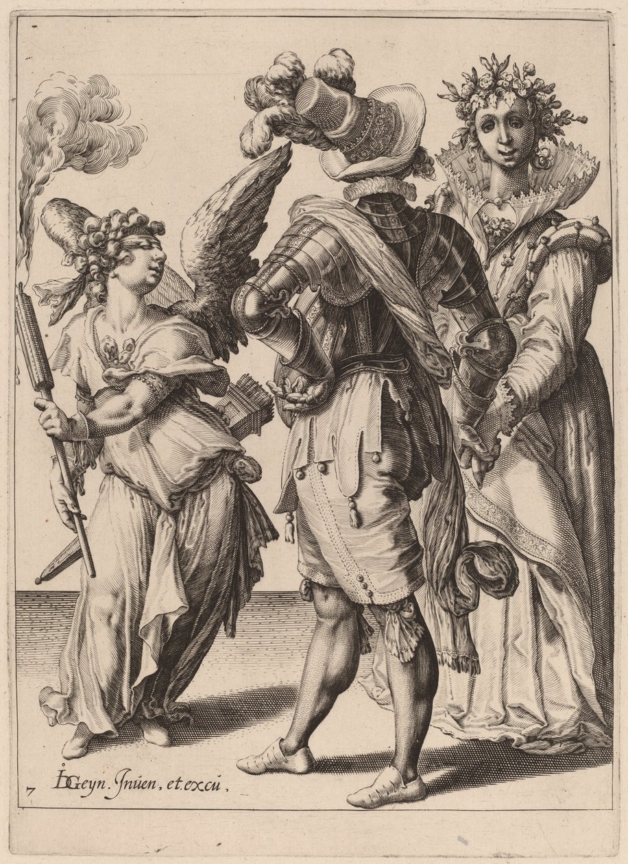 Sidoitettu Amor pitelee taskulamppua avioparin edessä tekijältä Zacharias Dolendo after Jacques de Gheyn II