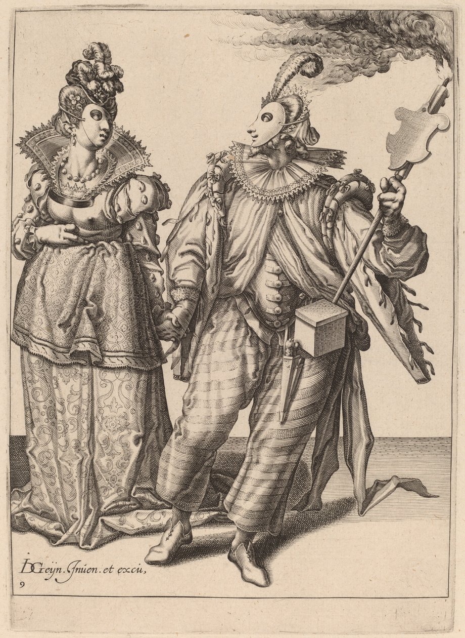 Nainen, jota johtaa soihtua pitelevä pelaaja tekijältä Zacharias Dolendo after Jacques de Gheyn II
