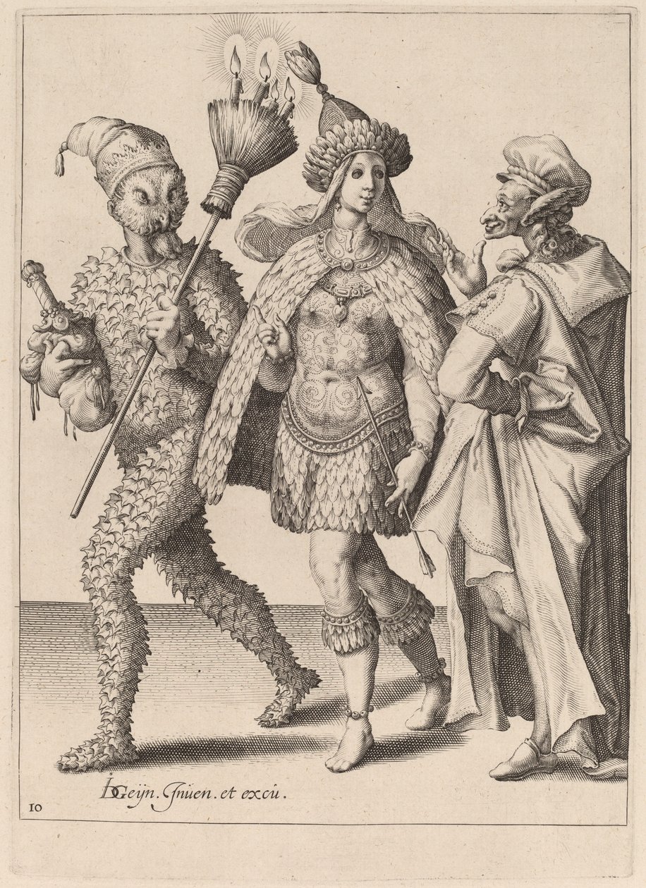 Vanha äiti puhuttelee höyheniin pukeutunutta pariskuntaa tekijältä Zacharias Dolendo after Jacques de Gheyn II