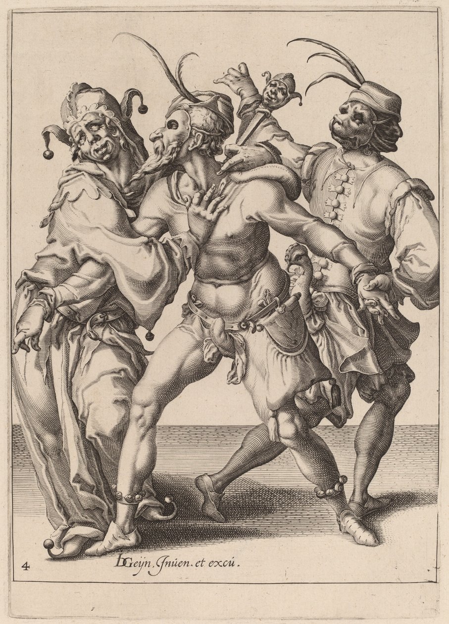 Kolme tanssivaa äitiä, mukaan lukien narri tekijältä Zacharias Dolendo after Jacques de Gheyn II