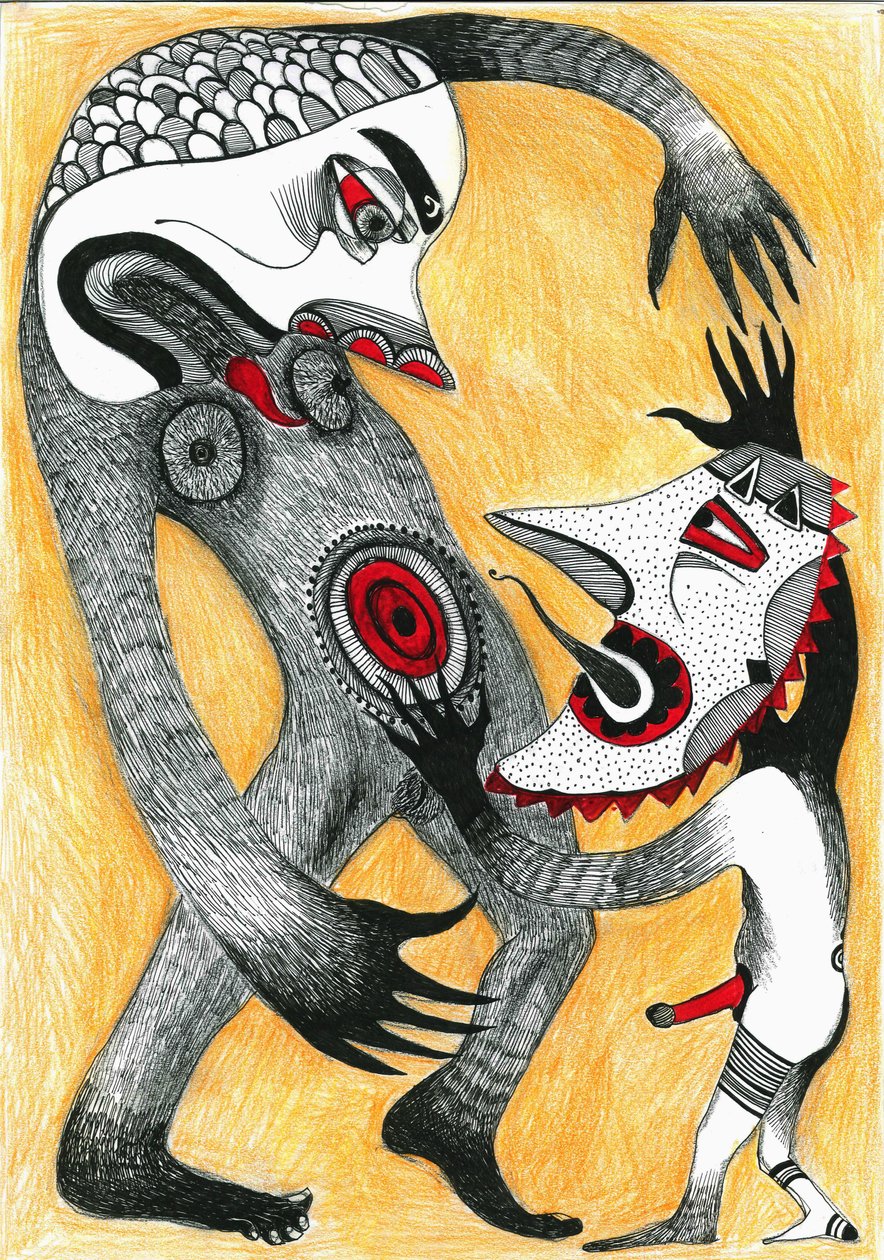 Fight, 2012 (kynä, muste ja värikynät paperille) tekijältä Zanara Sabina Nedelcheva Williams
