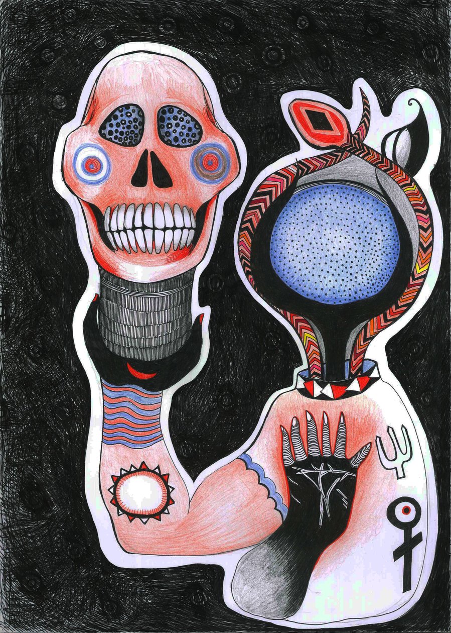 Inside-Out, 2012 (kynä, muste ja värikynät paperille) tekijältä Zanara Sabina Nedelcheva Williams