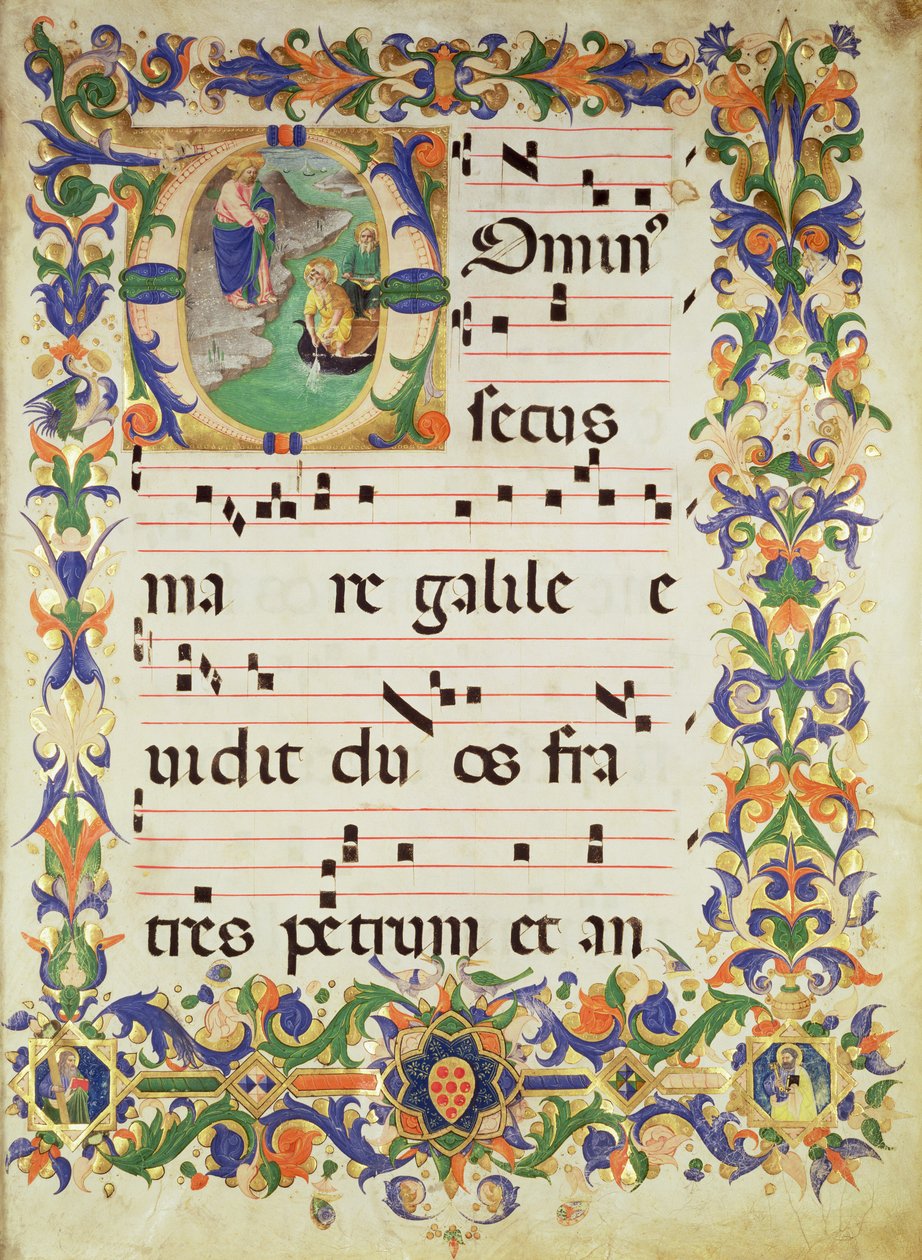Missal 515 f.1r Kuoromusiikin sivu historiallisella alkukirjaimella "O", joka kuvaa Pyhän Pietarin ja Pyhän Andreaksen kutsumista, Filippo di Matteo Torellin (1409-68) valaisemaa rajaa kuorokirjasta tekijältä Zanobi di Benedetto Strozzi