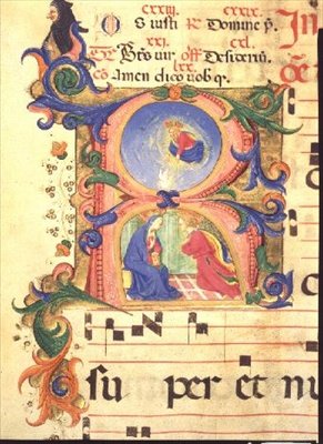 Missal 515 f.42r Historioitu alkukirjain R, joka kuvaa Marian ilmestystä, 1448-49 tekijältä Zanobi di Benedetto Strozzi