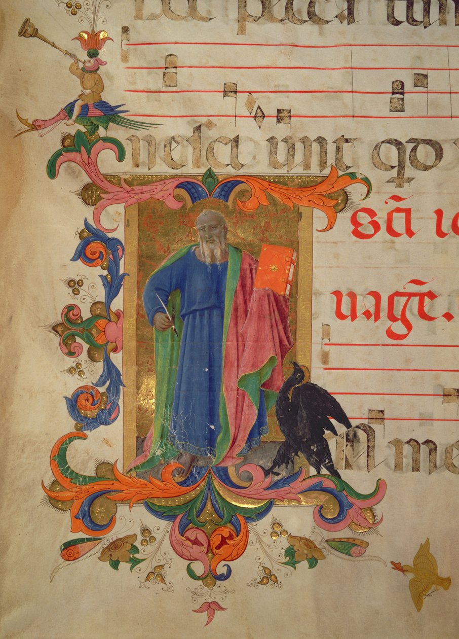 Missal 515 f.9r St. John the Evankelista, Filippo do Mateo Torellin (1409-68) valaiseman reunan yksityiskohta ennen vuotta 1449 laaditusta kuorokirjasta (katso lisätietoja 88908) tekijältä Zanobi di Benedetto Strozzi