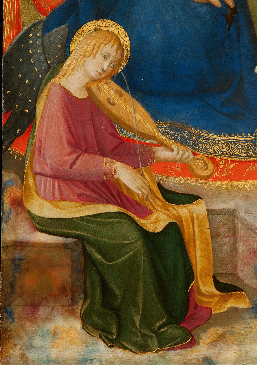 Nöyryyden Madonna kahden muusikkoenkelin kanssa. Yksityiskohta: Musician Angel, c1450. tekijältä Zanobi Strozzi