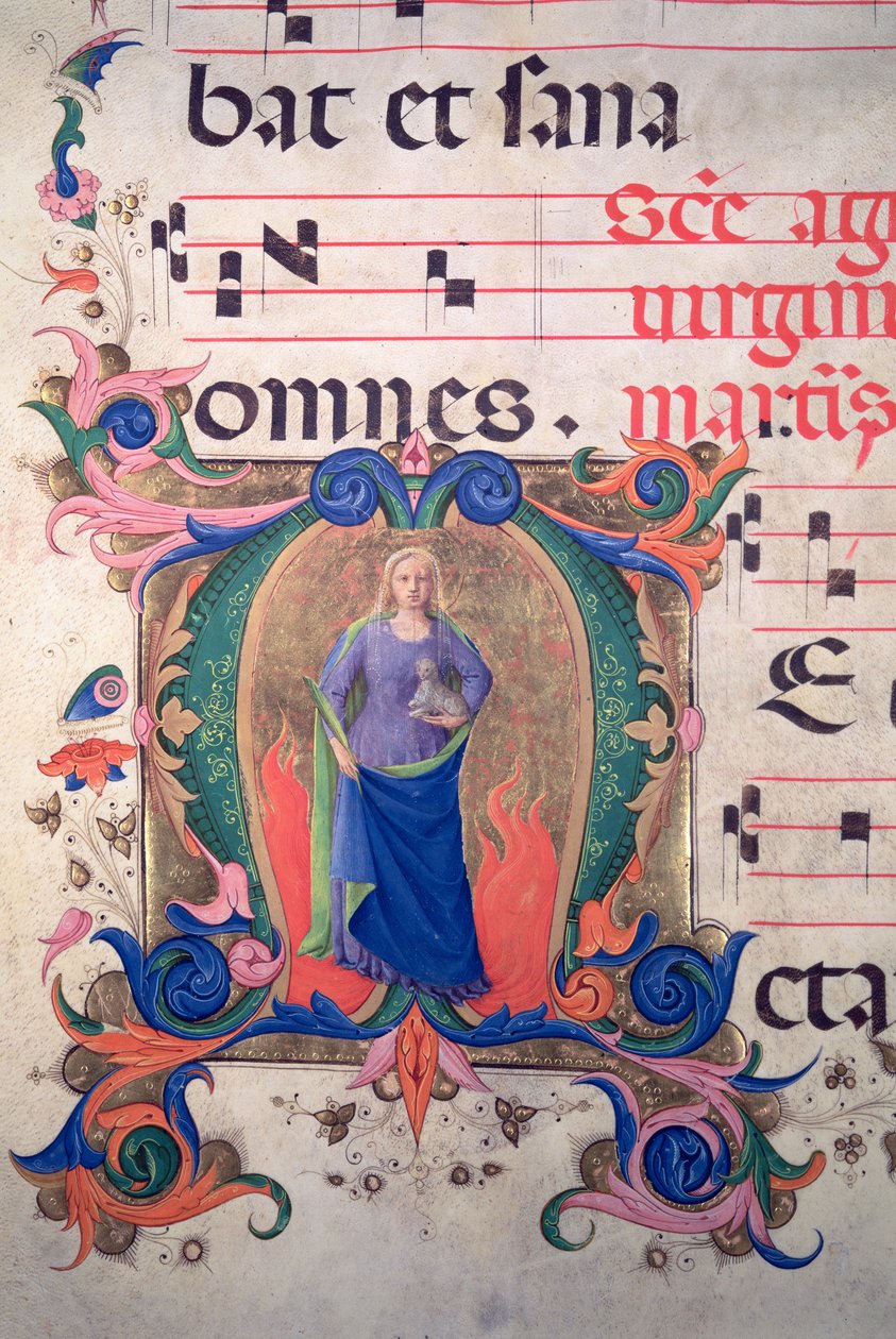 Missal 515 f.13v Historioitu alkukirjain "M", joka kuvaa Pyhää Agnesta nuotituurista tekijältä Zanobi di Benedetto Strozzi