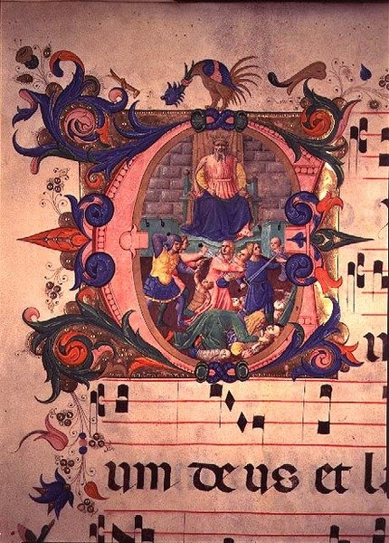 Missal 515 f.13v The Massacre of the Innocents, kuorokirjasta, joka teloitettiin ennen vuotta 1449 (katso lisätietoja numerosta 88910-11) tekijältä Zanobi di Benedetto Strozzi