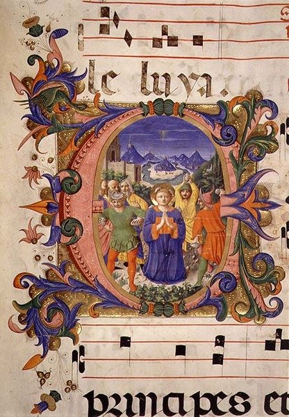 Missal 515 f.5r Pyhän Tapanin marttyyrikuolema historiallisella alkukirjaimella, Filippo di Mateo Torellin (1409-68) valaiseman rajan ennen vuotta 1449 teloitetusta kuorokirjasta (vellum) tekijältä Zanobi di Benedetto Strozzi
