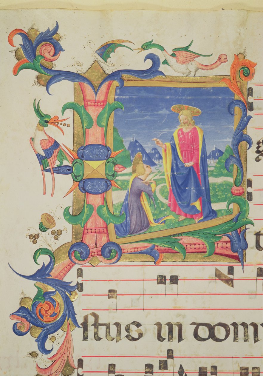 Missal 515 f.72v Historioitu alkukirjain "L", joka kuvaa Kristusta ilmestymässä Maria Magdaleenalle, Filippo di Matteo Torellin (1409-68) valaiseman reunuksen ennen vuotta 1449 teloitetusta kuorokirjasta (for de tekijältä Zanobi di Benedetto Strozzi
