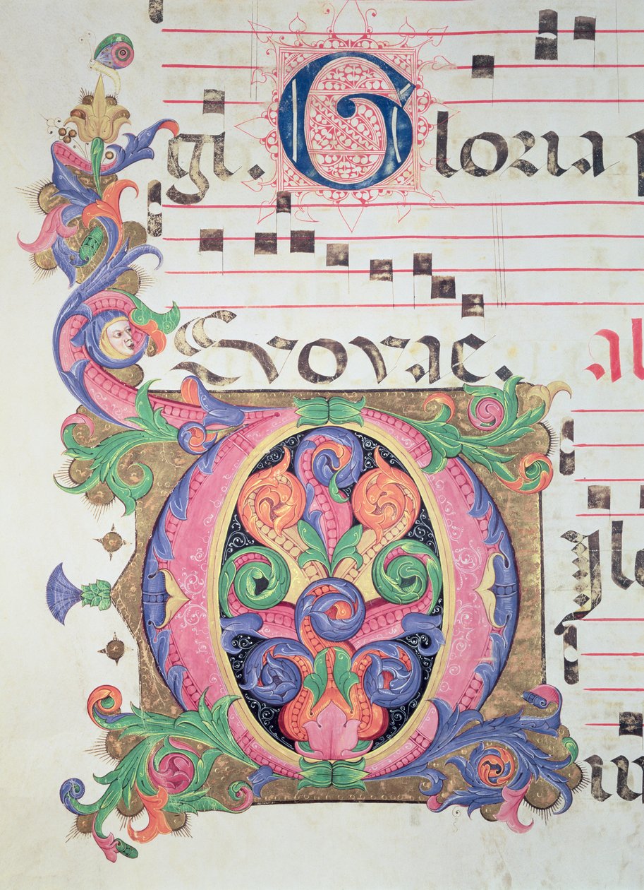 Missal 515 fol.146r Historioitu alkukirjain "O", koristeltu lehtineen, yksityiskohta ennen vuotta 1449 tehdystä kuorokirjasta tekijältä Zanobi di Benedetto Strozzi