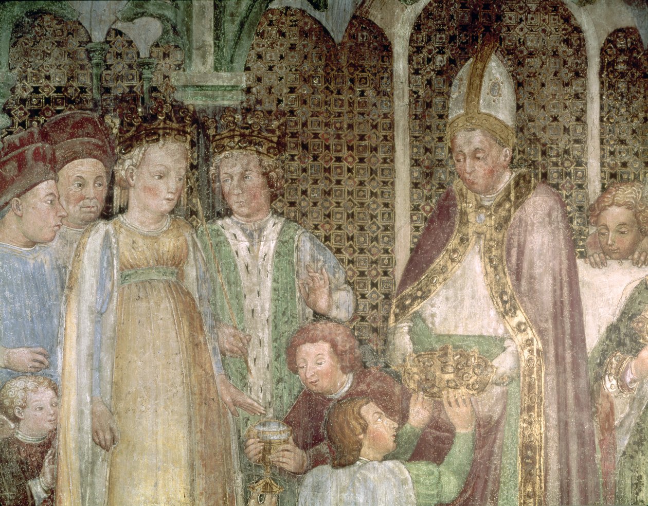 Kuningatar Theodolinda ja paavi Gregorius Suuri (n. 540-604) vaihtamassa lahjoja, 1444 tekijältä Zavattari Family