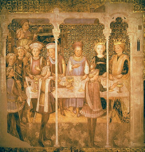 Juhla kuningatar Teodolindalle, teoksesta Stories of Queen Teodolinda dei Longobardi (fresko) tekijältä Zavattari Family