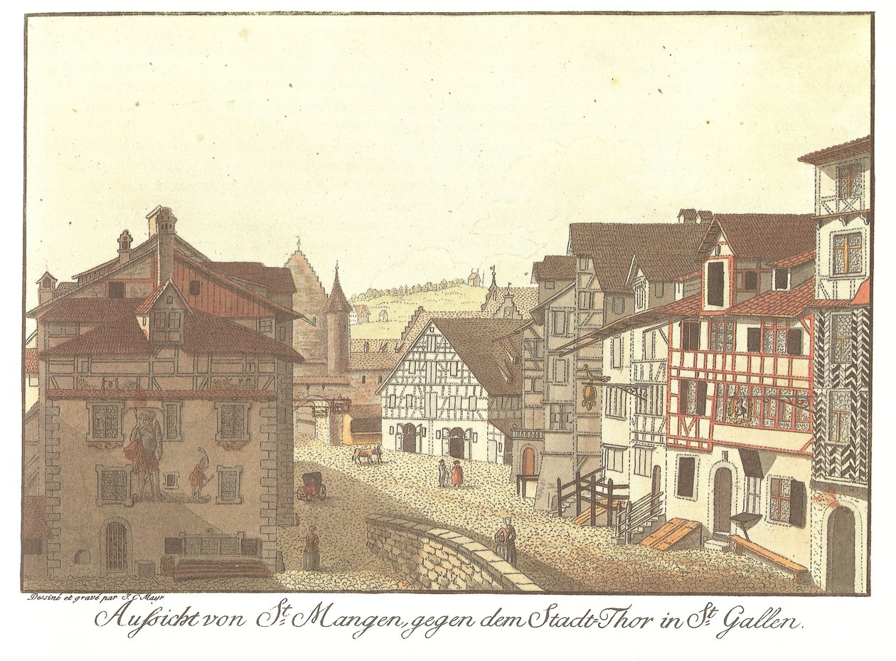 Aussicht von St.Mangen gegen dem Stadt-Thor paikassa St.Gallen (Alkuperäinen nimi) tekijältä Zeichner und Kupferstecher