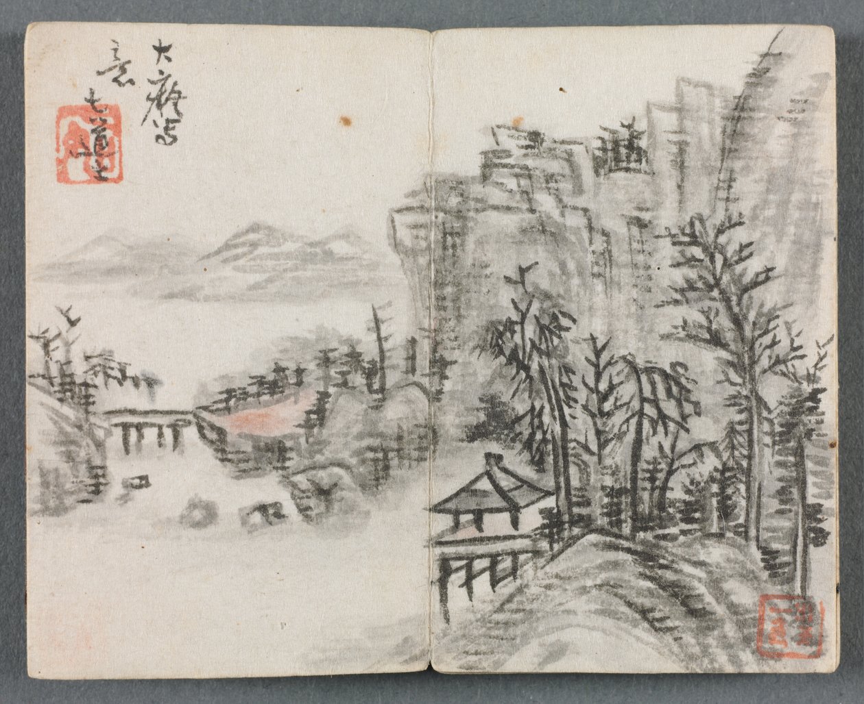 Pienoisalbumi hahmoilla ja maisemalla (Cliff Landscape with Bridge) tekijältä Zeng Yandong