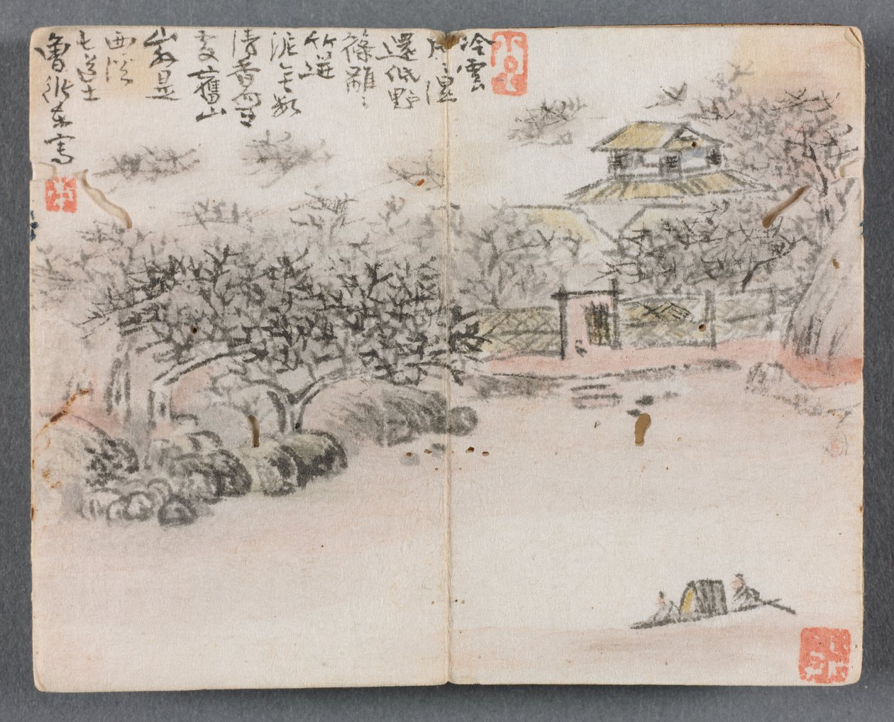 Pienoisalbumi hahmoilla ja maisemamaisema kahdella venemiehellä, 1822. tekijältä Zeng Yangdong