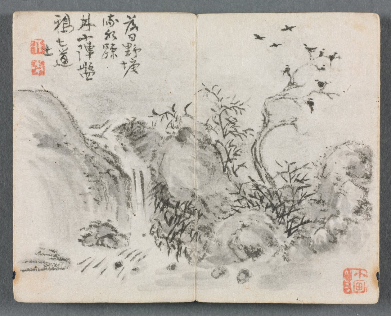 Miniatyyrialbumi figuurilla ja maisema Vesiputousmaisema, 1822. tekijältä Zeng Yangdong