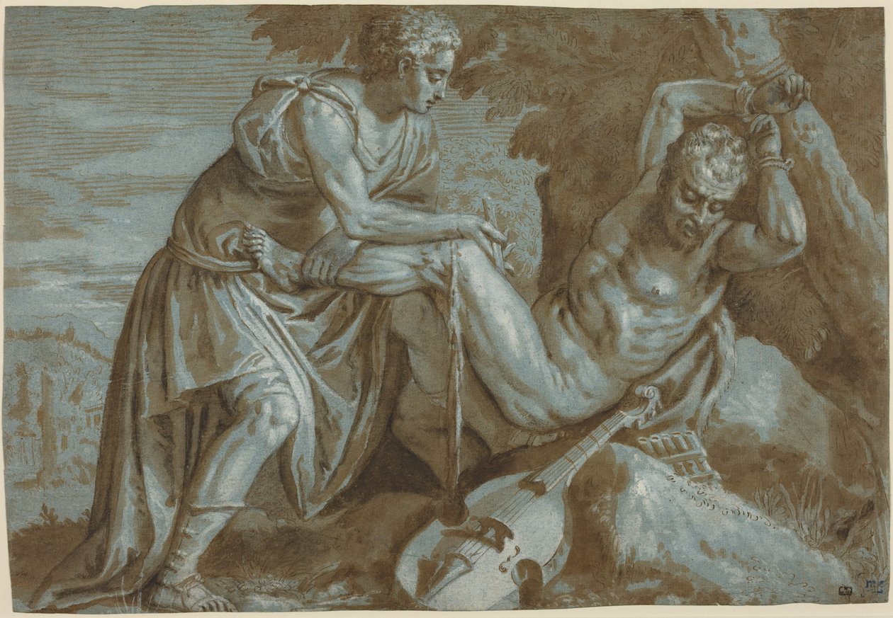 Apollo ja Marsyas, noin 1600 (tussipiirros) tekijältä Zenon Veronese
