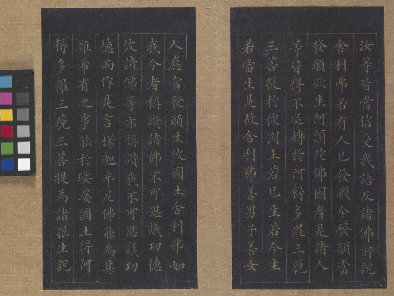 Ikuisen elämän sutra (Wu Liang Shou Jing) 1837 (kultamaalia siniselle paperille) tekijältä Zexu Lin