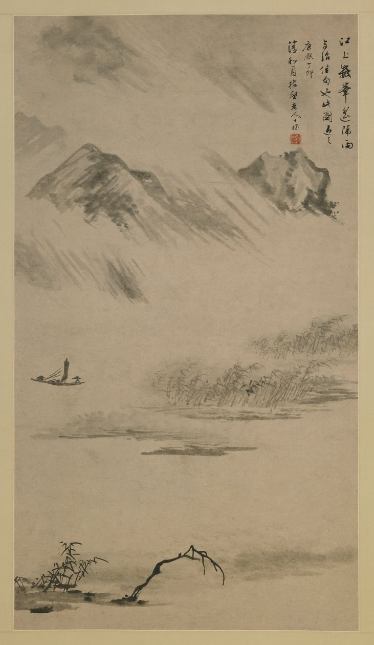 Jokimaisema Rainissa, Anhuin maakunnassa, Kiinassa, Qing-dynastia, 1687 (muste paperille) tekijältä Zha Shibiao