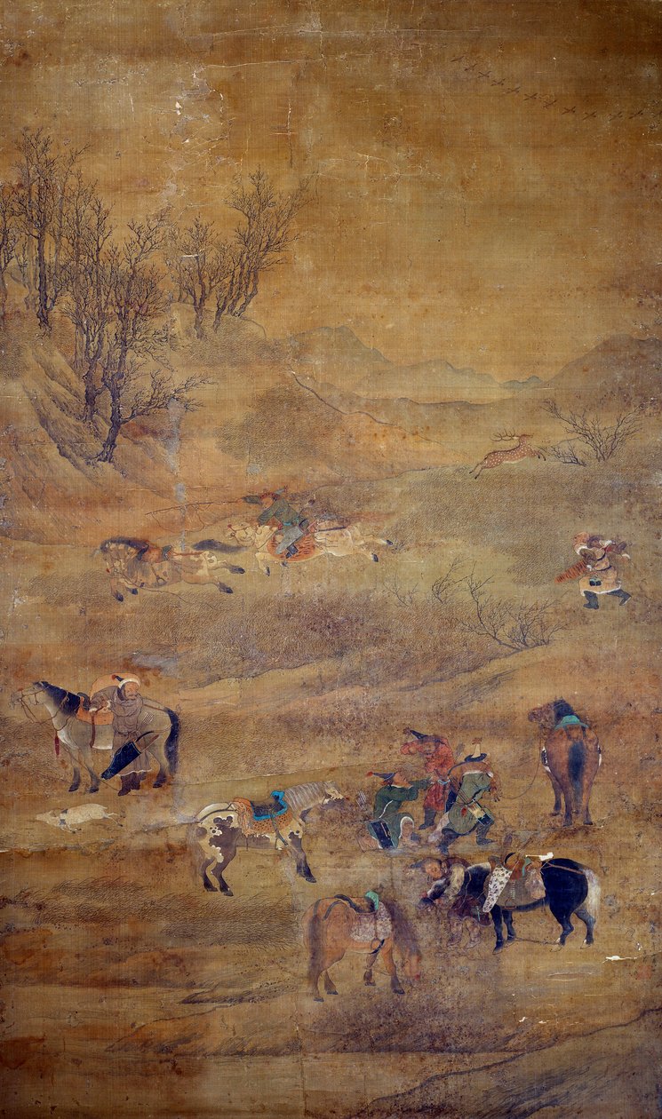 Mongolilainen ratsastaja jahtaa hevosta. Fou Tchao Mongin silkkimaalaus tekijältä Zhao Mengfu Chao Meng Fu or