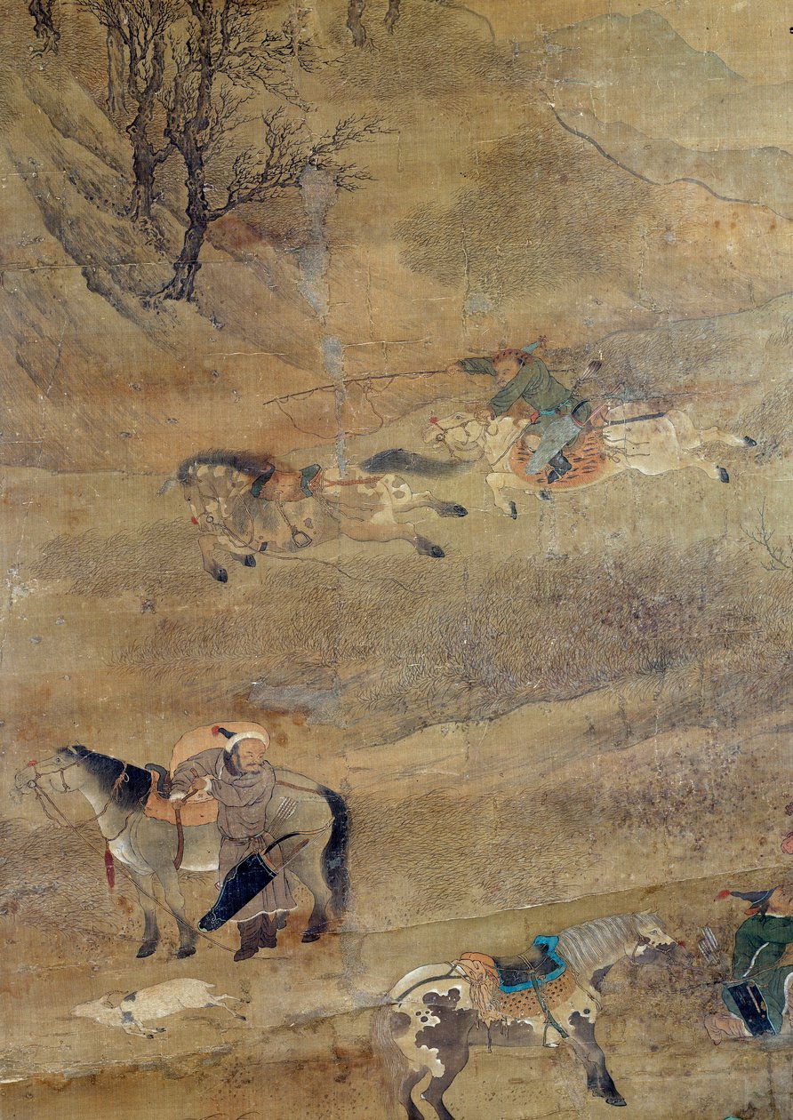 Mongolilainen ratsastaja jahtaa hevosta. Yksityiskohta. Fou Tchao Mongin silkkimaalaus tekijältä Zhao Mengfu Chao Meng Fu or