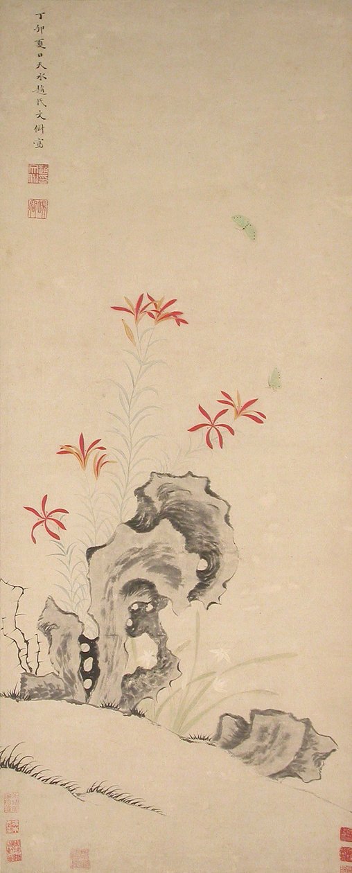 Rock, Tiger Lily ja Orchid, päivätty 1627. tekijältä Zhao Wenchu