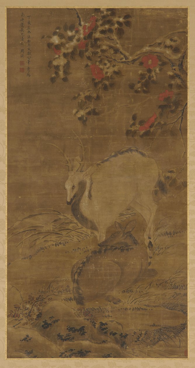 Polttarit, hirvi ja punaiset kameliat lumessa, 1367. tekijältä Zhou Yuan