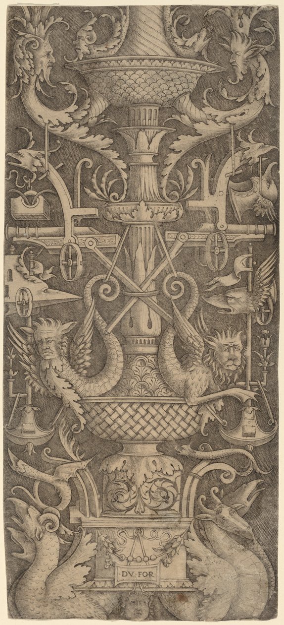 Ornamenttipaneeli lohikäärmeillä, naamioilla ja sotavälineillä, c. 1505. tekijältä Zoan Andrea
