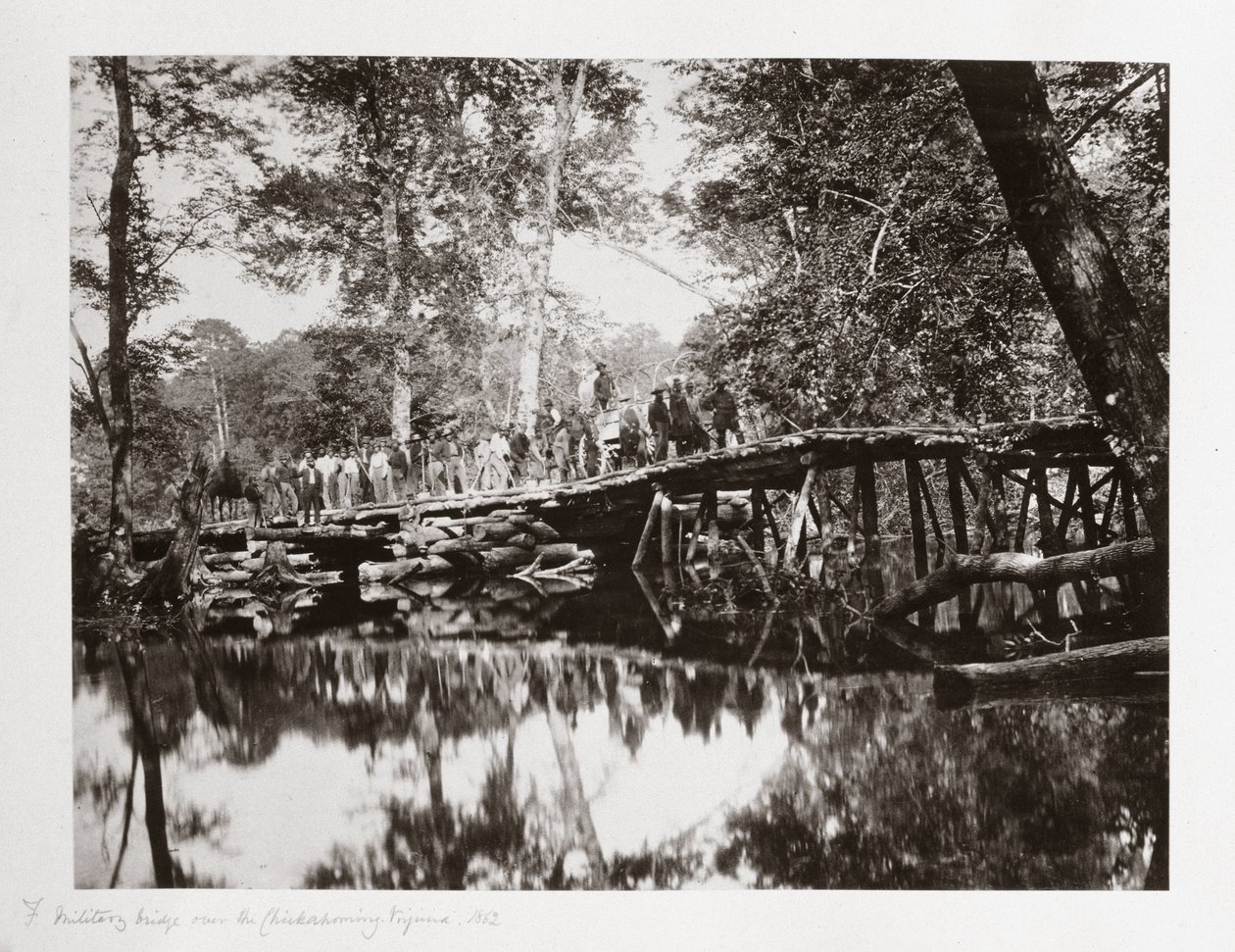 Sotilassilta Chickahominyn yli, Virginia, USA, n. 1862 tekijältä Ferdinand Georg Waldmuller