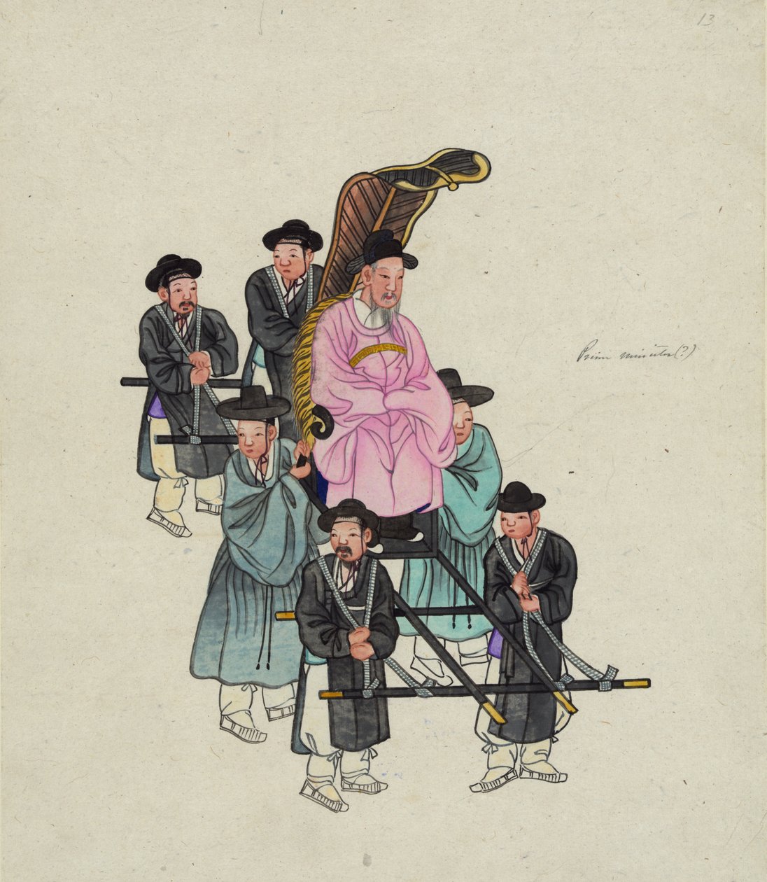 Vanhempi korealainen virkamies, mahdollisesti pääministeri, jota kannetaan hienostuneessa Sedan-tuolissa, c. 1890 (akvarelli) tekijältä . .