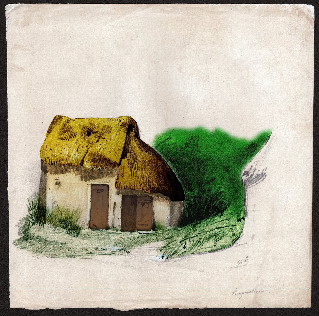 Olkikattoinen mökki Ranskan keskustassa. noin 1830 (kuva) tekijältä . .