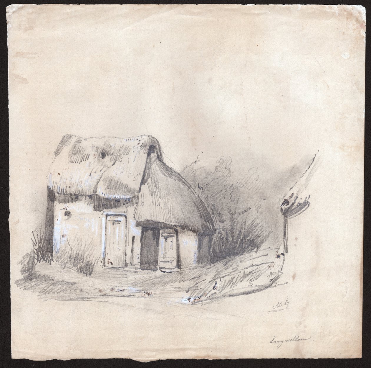 Olkikattoinen mökki Ranskan keskustassa. noin 1830 (kuva) tekijältä . .