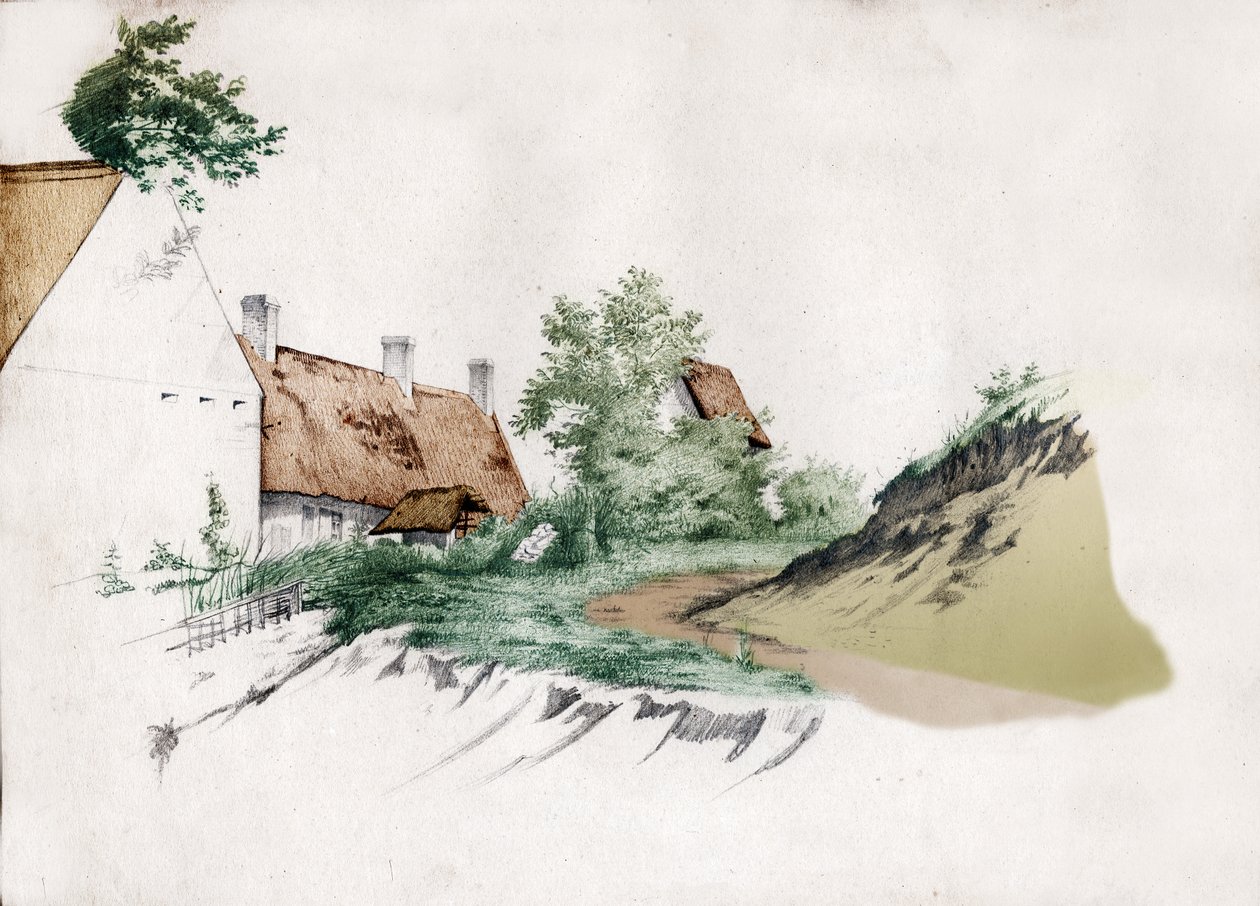 Olkikattoinen maalaistalo Keski-Ranskassa. noin 1850 (piirustus) tekijältä . .