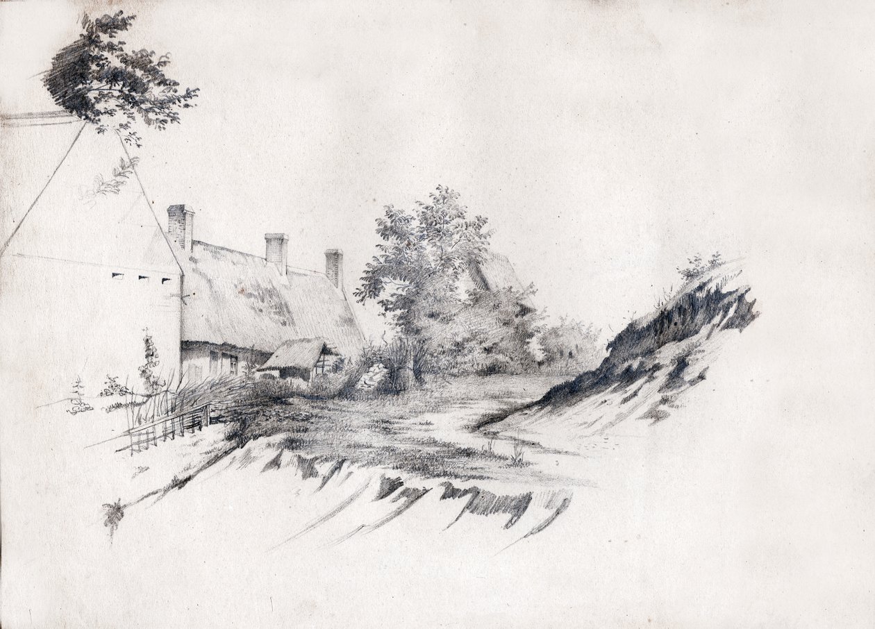 Olkikattoinen maalaistalo Keski-Ranskassa. noin 1850 (piirustus) tekijältä . .
