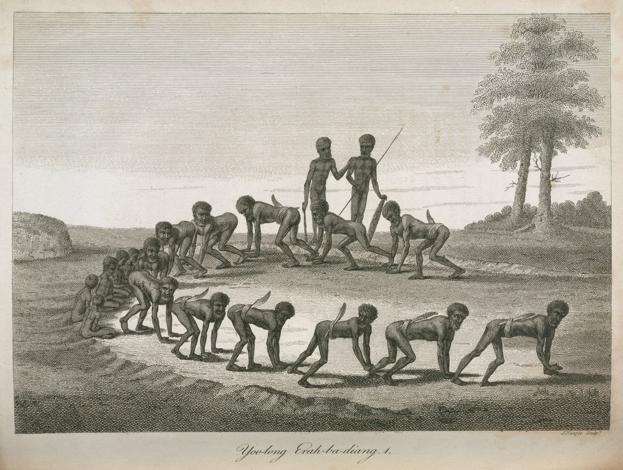 Aboriginaalit miehet matkivat koiria, Australia tekijältä Frederick (attr. to) Barnard
