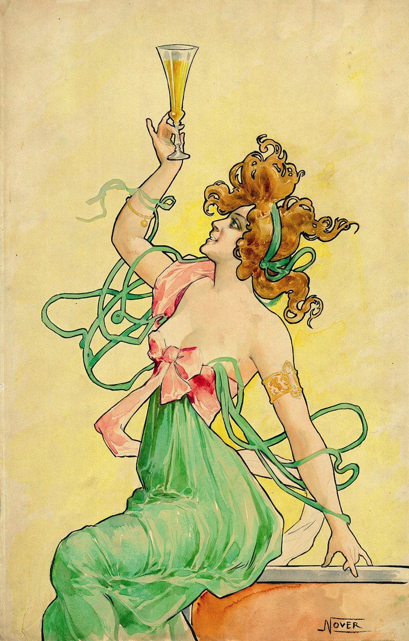 Absinthe Blanqui, n. 1900, malli (muste, pastelli ja akvarelli) mainosjulisteeseen, vuosilta 1898-1901, signeerattu Nover, Revonin kirjapainon palindromi, Pariisi tekijältä Frederick (attr. to) Barnard