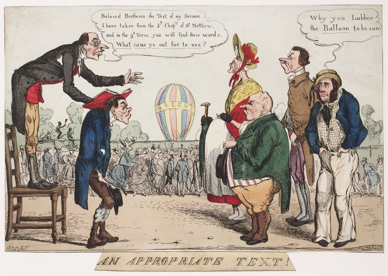 "Sopiva teksti!", satiirinen ilmapalloluonnos, n. 1842 tekijältä Frederick (attr. to) Barnard