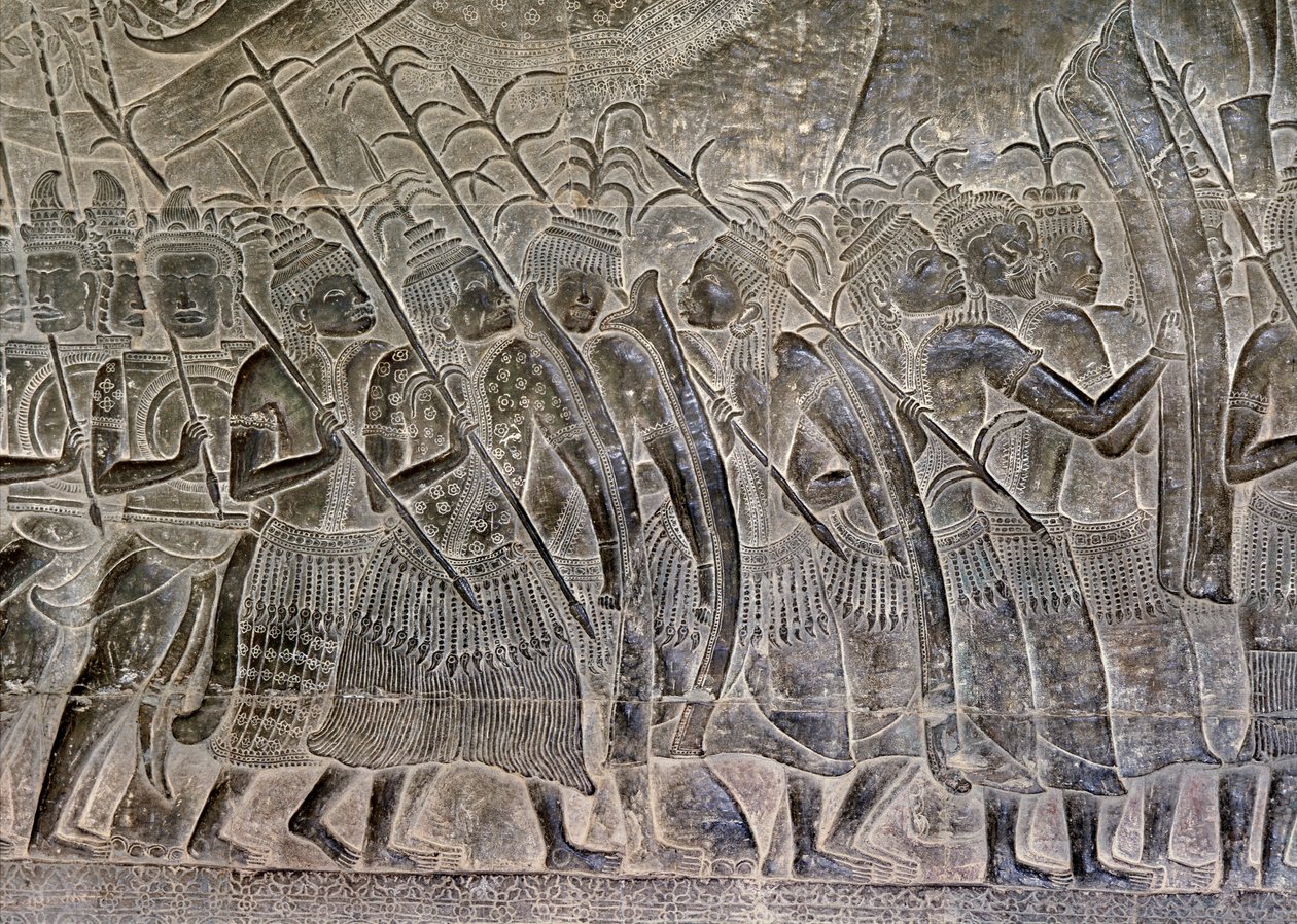 Angkor Wat, Angkor, Kambodža 1100-luvun alku ja myöhemmät lisäykset. Tämä gallerian reliefien yksityiskohta näyttää thai-ihmisten marssivan khmerien armeijan liittolaisena tekijältä Hippolyte Lalaise Devéria