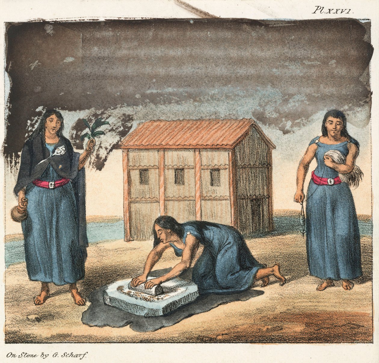 Araucano-intialaiset naiset jauhavat maissia ja kehräävät, Chile tekijältä Frederick (attr. to) Barnard