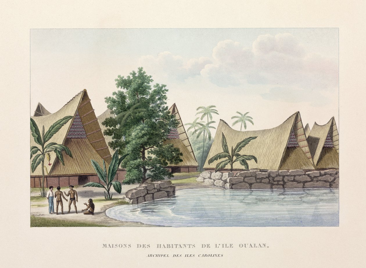 Arkkitehtuuritalot Oualanissa, Caroline Islands tekijältä Frederick (attr. to) Barnard