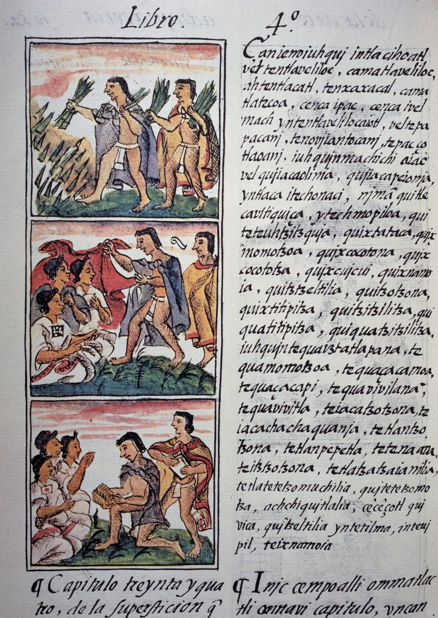 Uskomukset ja taikausko, Firenzen Codexin IV kirja, kaksikielinen versio espanjaksi ja nahuatliksi, Uuden Espanjan asioiden yleinen historia, atsteekkien sivilisaatio tekijältä Georg Carl Heinrich Dollmann