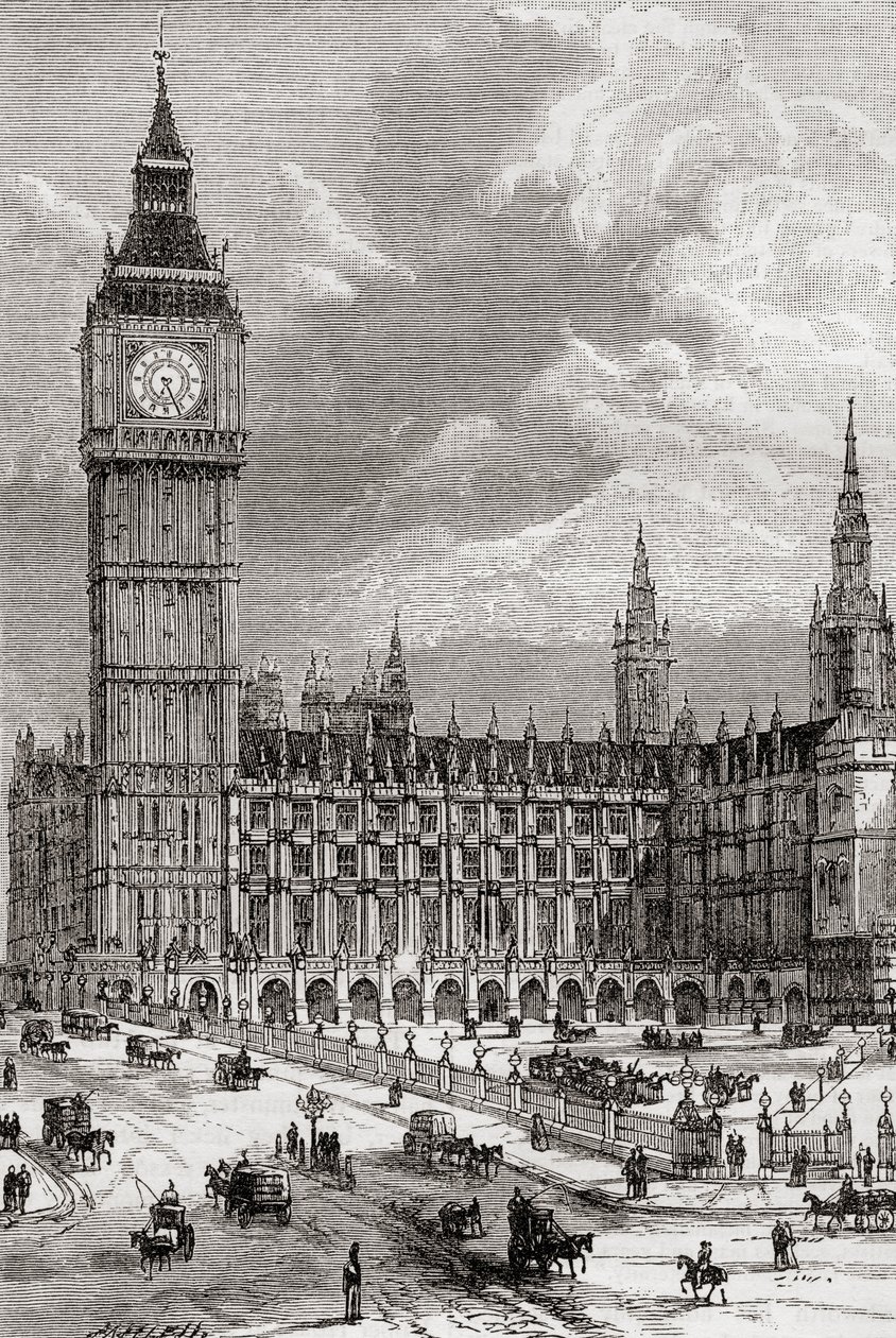 Big Ben ja parlamenttitalo Lontoossa, Englannissa, nähty täällä 1800-luvulla. tekijältä . .