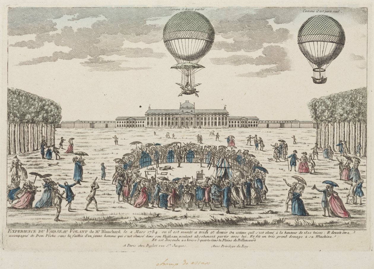 Blanchardin ensimmäinen nousu ilmapallolla 2. maaliskuuta 1784 tekijältä Frederick (attr. to) Barnard