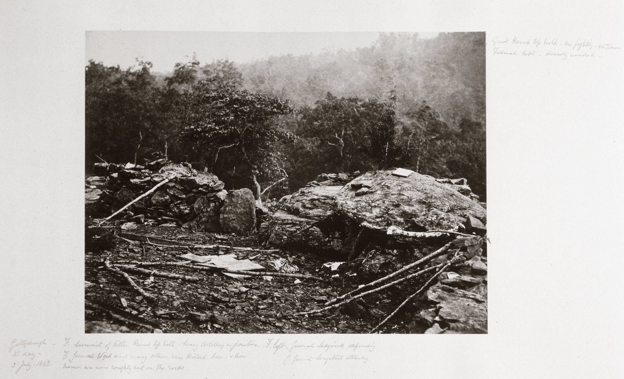Breastworks on Little Round Top Hill, Gettysburg, Pennsylvania, heinäkuu 1863 tekijältä Ferdinand Georg Waldmuller
