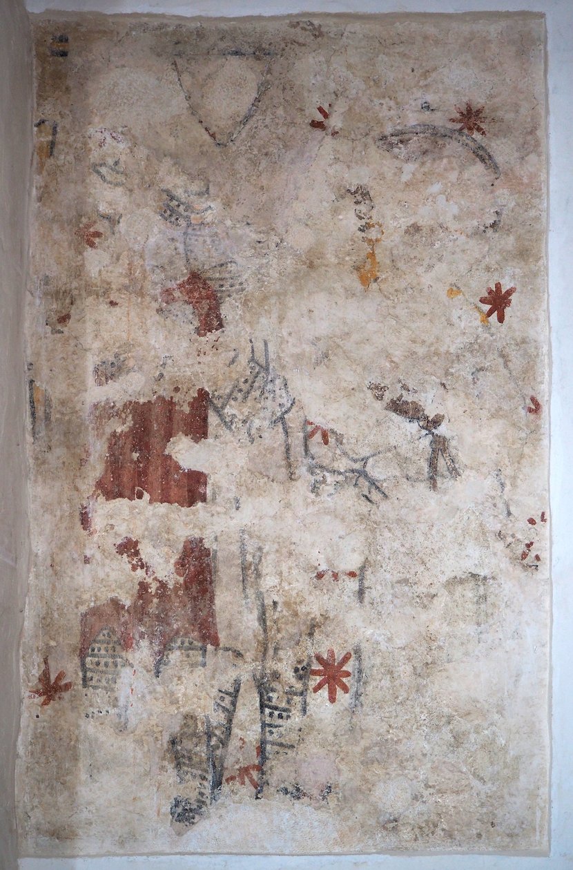 Burgundy, Lancharre, Chapaizen kunta 71460. Notre Damen kirkossa seinämaalaus. Kaksi ritaria ketjupostissa (fresko) tekijältä . .