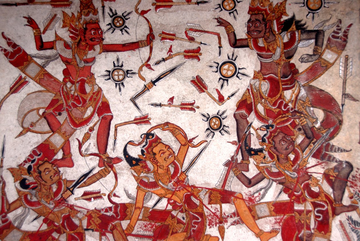 Kuninkaanlinnan kattomaalaus; jumalten taistelu; Gosa-paperi; Gilin palatsin puisto; Klungkung; Semarapura; Bali; Indonesia; Kaakkois-Aasia; Aasia tekijältä Frederick (attr. to) Barnard